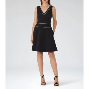 Reiss Nelly Textured Fit and Flare V-Neck Dress Black Elegant Cocktail Pockets 6